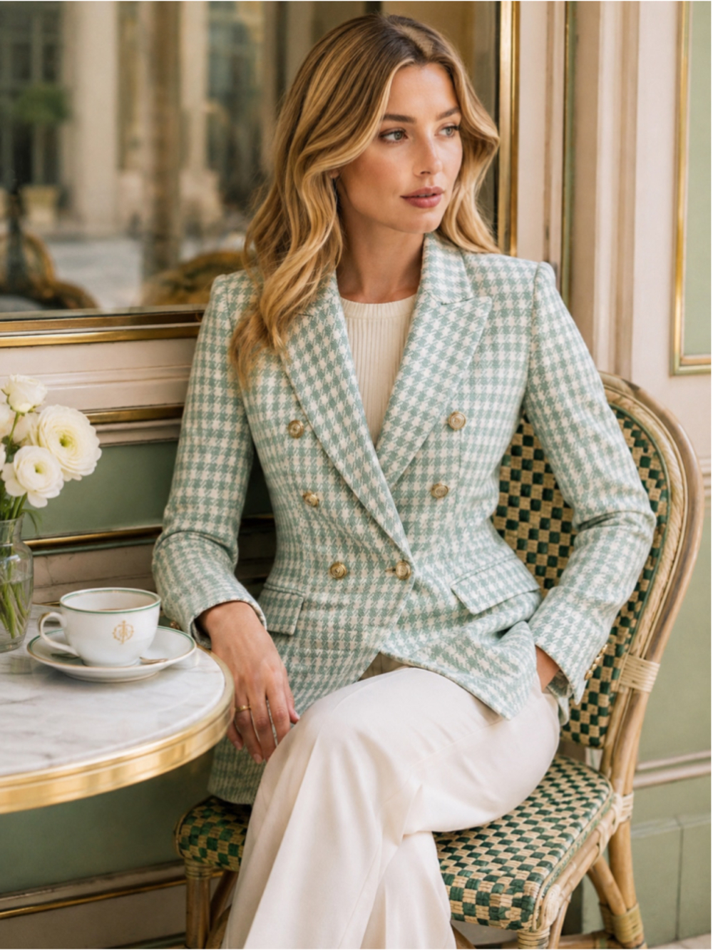 Zara Blazer Women’s S Houndstooth Double Breasted Gold Buttons Old Money Green
